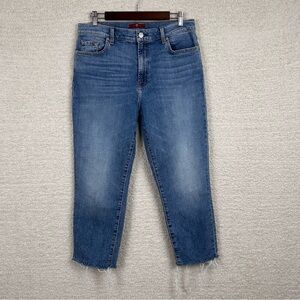 7 For All Mankind Jeans Womens 32 Blue Whiskered Cropped‎ High Rise Raw Hem Zip